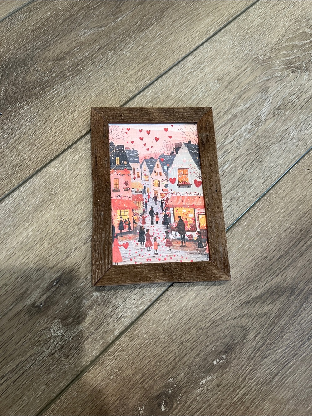 Rustic Brown Wood Frame with Pink Village Art Print